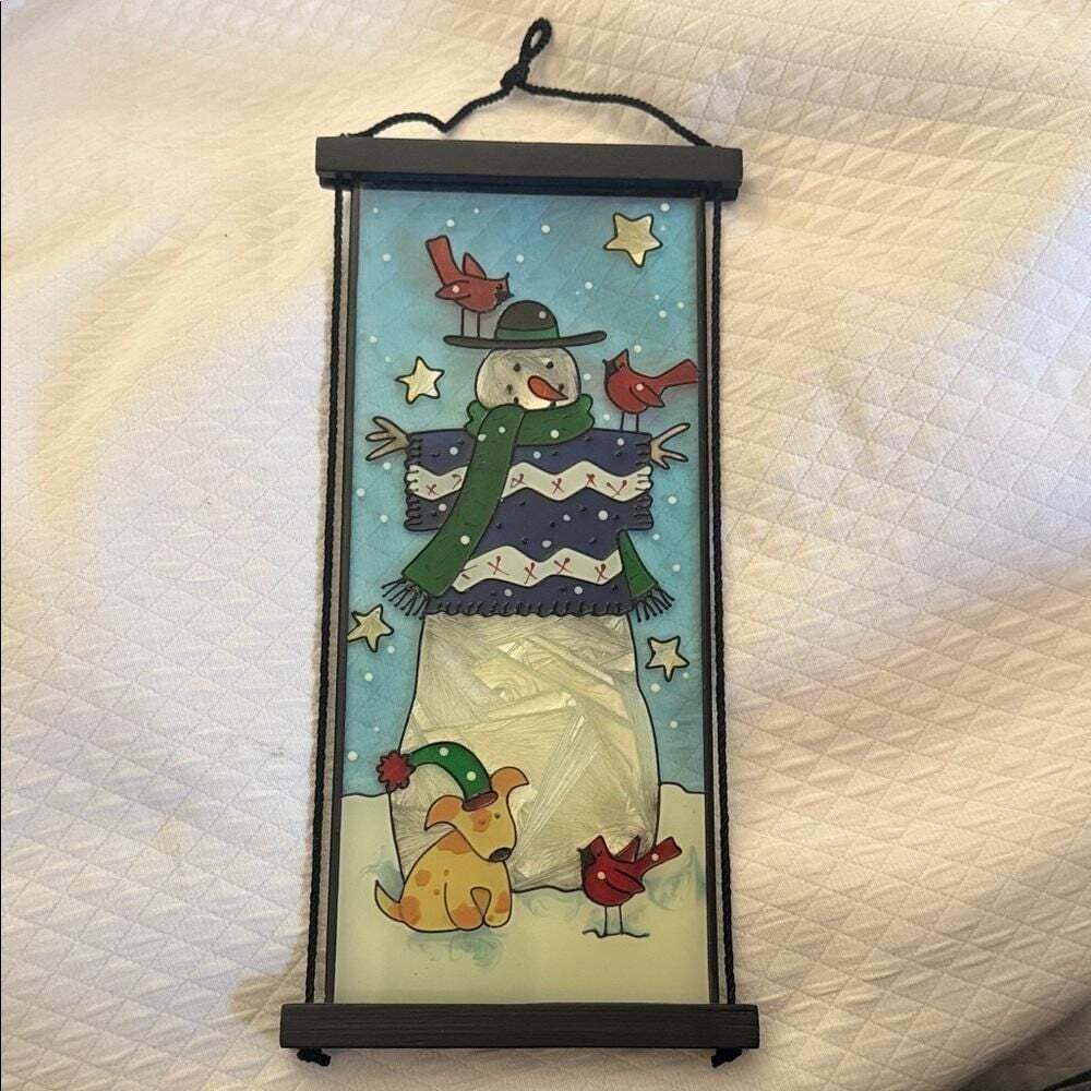 Vintage Joan Baker Designs Hand-Painted Glass Snowman Suncatcher Panel. Like New